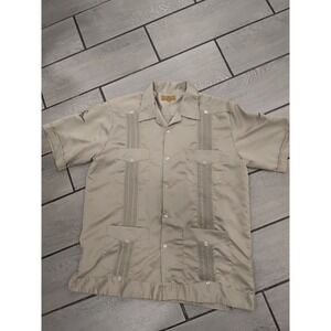 SCORPIO Men's Short Sleeve Button Down Shirt Beige Scorpion Embroidery Size XL